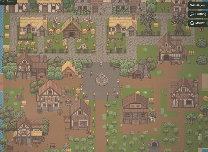 Top-down pixel art town featuring a blacksmith, tavern, bank, and pond in a medieval fantasy setting.