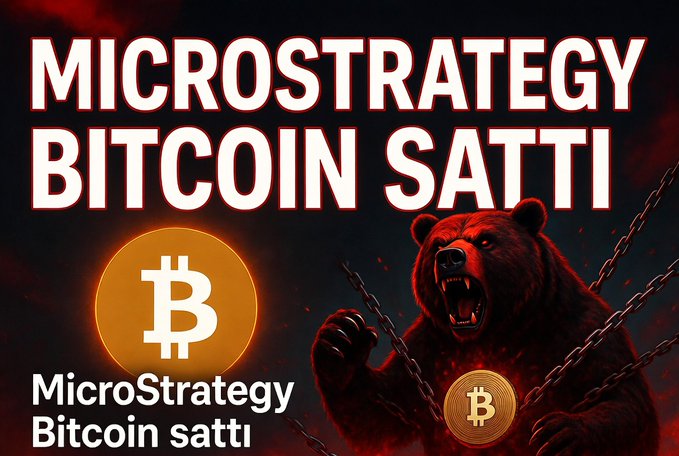 The image features a bear with its mouth open, surrounded by chains. The bear appears to be angry or aggressive, possibly due to being chained up. In front of the bear, there's an orange circle with a white "B" on it, which is a Bitcoin symbol. Below this, there are some words written in black text that say "MicroStrategy satışın yaptı." This suggests that the image might be related to a discussion or tutorial about MicroStrategy Satısıyoruz.