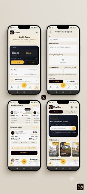 Four smartphone screens display a mobile app called 'MoviOn' or 'Proflie' featuring delivery and courier services, showing a balance of $200.01 and various order management interfaces.