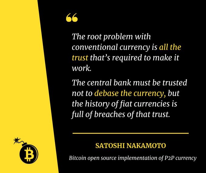 A graphic with a black and yellow color scheme displaying a Satoshi Nakamoto quote about the root problem of conventional currency being trust, with a Bitcoin bomb logo in the corner and the caption 'Bitcoin open source implementation of P2P currency.'