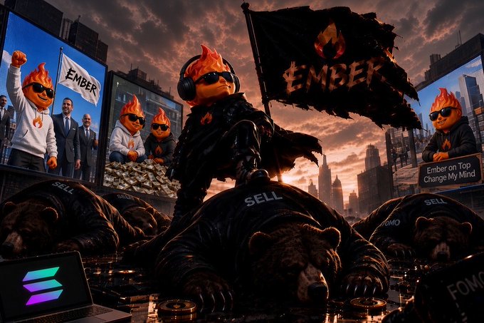 A digital artwork featuring a flame-headed character with sunglasses and headphones holding an 'EMBER' flag, standing over sleeping bears labeled 'SELL', with screens showing 'Ember on Top Change My Mind' and 'FOMO'.
