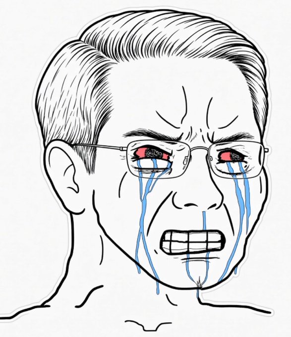 The image shows a cartoon illustration of a man with glasses, gritted teeth, and exaggerated blue tears streaming down his face, depicting extreme frustration or defeat. This visual of the "crying Wojak" meme pairs with the post "But I'm the house now," suggesting the speaker's futile insistence on being the dominant party despite clearly being on the losing end of the situation.