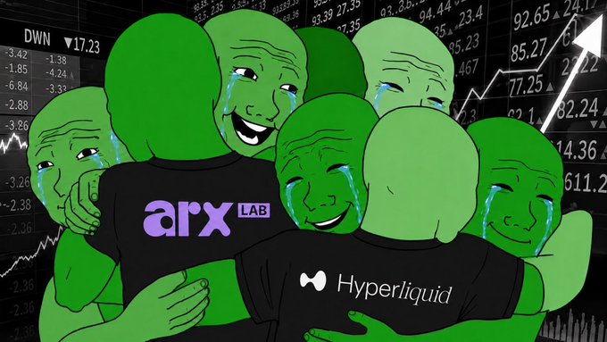 Crying Wojak meme characters wearing shirts branded "arx LAB" and "Hyperliquid" hugging each other in front of a stock market chart displaying declining numbers.