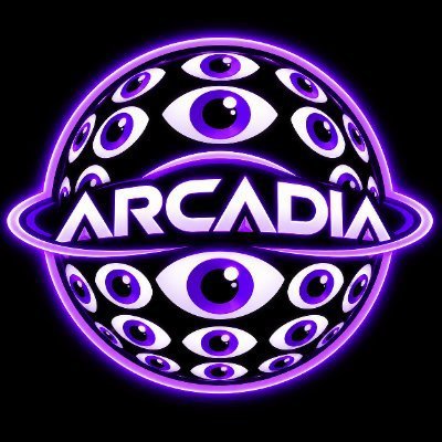 A neon purple logo featuring a sphere covered in eyes with the word 'ARCADIA' displayed across a ring in the center.
