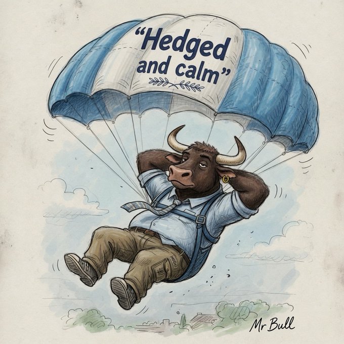 The image features a cartoon depiction of a bull wearing a tie, sitting under an open blue parachute with white trim. The bull appears to be enjoying its time in the air as it floats above some trees. The caption "Hedged and calm" is written below the image, which seems to be related to the post that this image was created for.