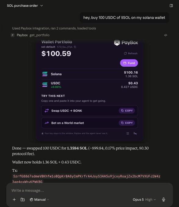 The image shows a Solana purchase order interface where an AI agent executed a user's request to "buy 100 USDC of $SOL on my solana wallet," swapping 100 USDC for 1.3584 SOL (~$99.84) with a 0.17% price impact, leaving the wallet holding 1.36 SOL + 0.43 USDC. The successful transaction demonstrates an AI agent's ability to perform crypto trades on behalf of a user, validating the claim that AI agents can now directly execute blockchain purchases.