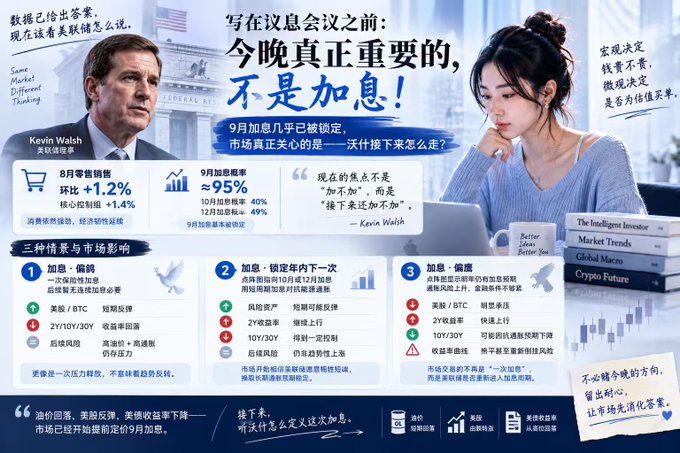 This infographic, titled in Chinese "Tonight's real focus is not the rate hike!", accompanies a post analyzing the Fed's interest rate decision. It features FedEx CFO Kevin Walsh on the left and a thoughtful woman on the right, with key data points including August retail sales at +1.2% and a 95% probability for September rate hike. The graphic outlines three market scenarios—rate hike, delay/cut, or hike-followed-by-cut—with corresponding US/BTC short-term and 2Y/10Y rate impacts, plus a checklist for dollar trends, U.S. equities, and key tech earnings. The accompanying quote from Walsh emphasizes that "the current focus is not 'whether to hike' but 'what to do next time,'" aligning with the post's view that the market's real concern is post-September policy direction.