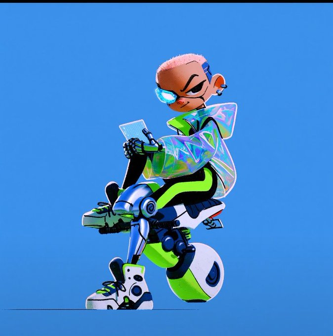 A 3D-rendered cartoon character with pink hair, wearing futuristic green and black athletic wear and reflective sunglasses, sits confidently with iridescent transparent accessories against a solid blue background.