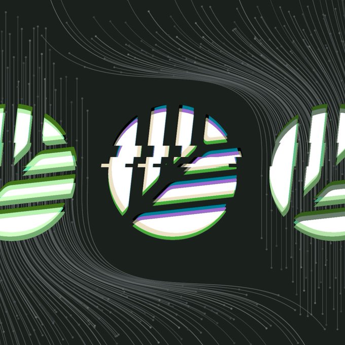 Abstract digital artwork on a black background featuring a circular striped logo design in pastel green, blue, and white tones, surrounded by flowing wire-like lines.