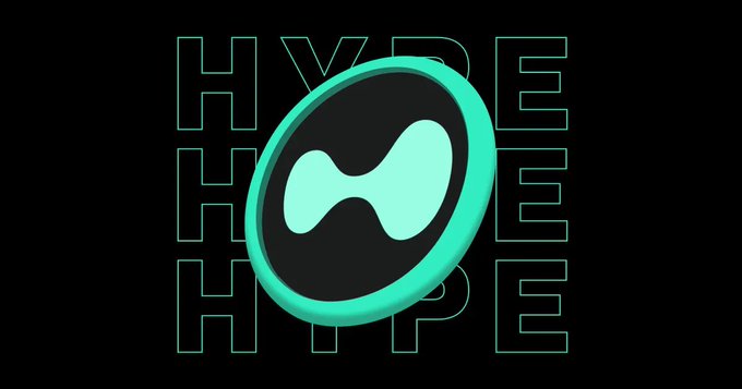 A minimalist digital graphic featuring a glowing teal Hyperliquid (HYPE) token logo centered against a black background with the word 'HYPE' repeated in outlined letters.