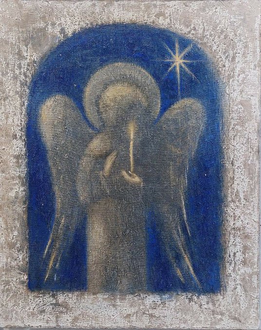 A serene painting depicts an angel with outstretched wings and a golden halo, holding a glowing candle beneath a star, set against a deep blue arched background that frames the figure in a devotional light. The luminous candle and watchful guardian angel perfectly embody the prayer's plea for divine protection through the quiet hours of night.