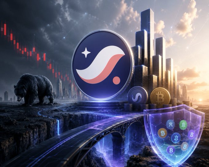 A digital illustration featuring a large logo with a stylized 'S' and star, set against a backdrop of skyscrapers, a bear on the left with red candlestick chart lines, and crypto coins (Bitcoin, XRP) with a shield on the right.