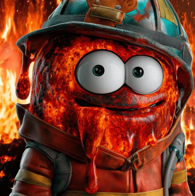 A surreal image of a firefighter-style character with a melting, lava-textured face, wearing a helmet and red protective gear against a fiery background.