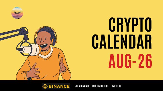 A Binance promotional graphic features a cartoon character with headphones speaking into a microphone, with text reading 'CRYPTO CALENDAR AUG-26' and the Binance logo.