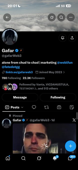 A Twitter profile screenshot for '@gafarWeb3' (Gafar) with the bio 'alone from chud to chad | marketing' tagged with '@woblfun' and '@fatedotgg', showing 22.3K followers.