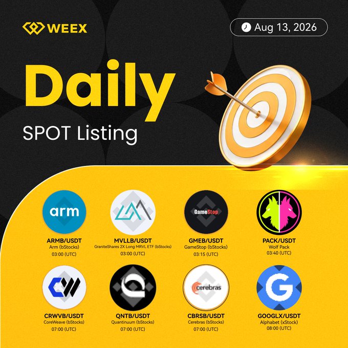 A WEEX Daily Spot Listing graphic dated August 13, 2026, featuring a target and arrow graphic, showcasing the day's new USDT spot pairs including $ARMB/$USDT (Arm bStocks), $MVLLB/$USDT (GraniteShares 2x Long MRVL ETF bStocks), $GMEB/$USDT (GameStop bStocks), $PACK/$USDT (Wolf Pack), $CRWVB/$USDT (CoreWeave bStocks), $QNTB/$USDT (Quantumum bStocks), $CBRSB/$USDT (Cerebras bStocks), and $GOOGLX/$USDT (Alphabet xStock), with scheduled listing times from 03:00 to 08:00 UTC.
