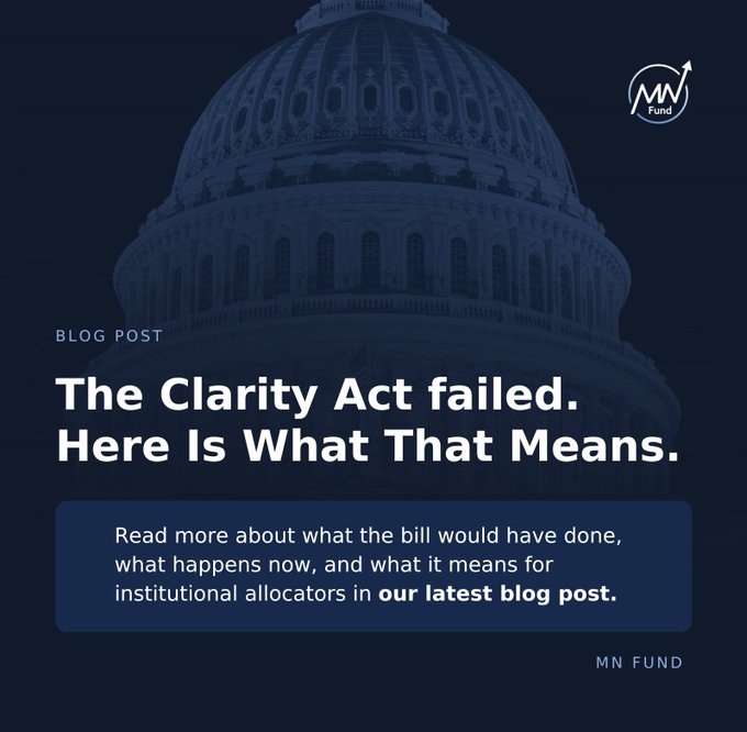 A blog post graphic with a Capitol dome background reads 'BLOG POST: The Clarity Act failed. Here Is What That Means.' with a callout to read more on MN FUND's latest blog post.