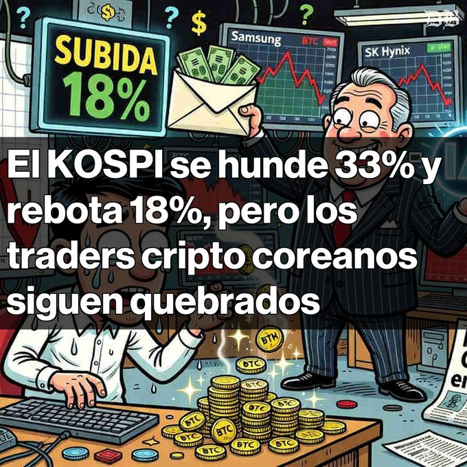 Cartoon illustration with Spanish text stating 'El KOSPI se hunde 33% y rebota 18%, pero los traders cripto coreanos siguen quebrados', depicting a distressed trader and a suited man with 'SUBIDA 18%' and charts labeled Samsung and SK Hynix.
