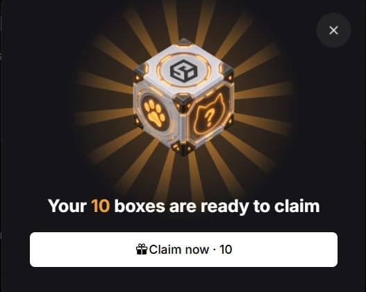 A mobile app screen displays a glowing hexagonal box icon with the text 'Your 10 boxes are ready to claim' and a 'Claim now · 10' button.