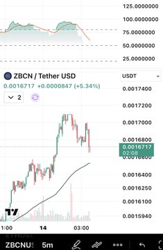 A cryptocurrency trading chart on ZBCN/USDT pair showing a price of 0.0016717 with a +5.34% increase, displayed on a mobile trading interface with candlestick patterns and volume indicators.