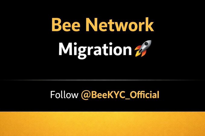 A black and yellow banner displaying the text 'Bee Network Migration 🚀' and 'Follow @BeeKYC_Official'.