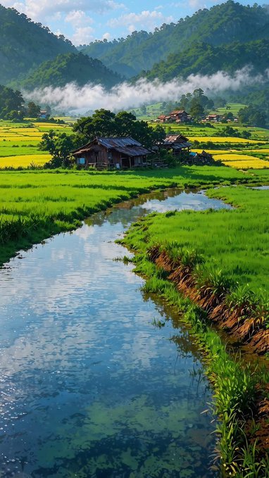 A serene landscape featuring a clear blue stream winding through lush green rice paddies, with traditional wooden houses nestled in a valley surrounded by mist-covered mountains.