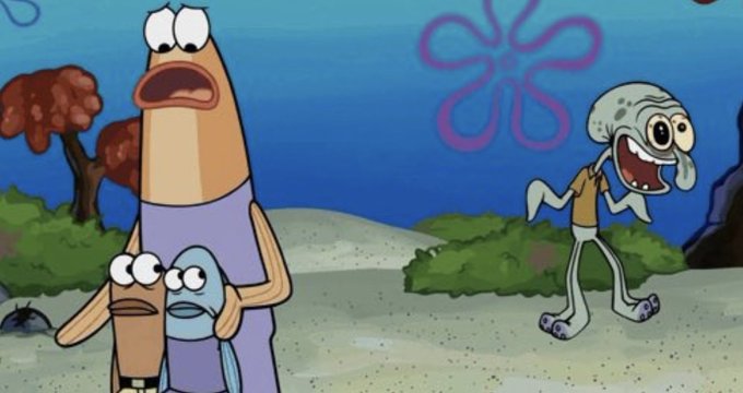 A scene from SpongeBob SquarePants shows a horrified-looking fish family with bulging eyes gaping at a grinning Squidward, who is pointing and laughing at them. The image humorously relates to the post about "the guy who still uses bridges," with the family serving as the oblivious onlookers while Squidward, oblivious to their shock, cheerfully crosses the ocean floor as if teleportation is the norm.