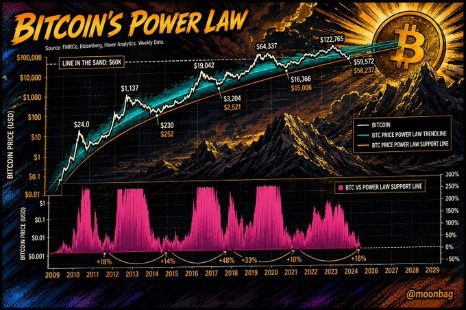 A "Bitcoin's Power Law" chart by @moonbag on X shows BTC's price trajectory from 2009 to 2029 on a logarithmic scale, plotting actual price data against the BTC Price Power Law Trendline and Support Line, with the 560K "line in the sand" target highlighted and labeled price points including $24.0, $1,137, $230, $19,042, $3,204, $64,337, $16,366, $122,765, $59,572, and $58,237, along with a lower panel showing BTC's percentage deviation from the power law support line during major bear market bottoms (+18%, +14%, +48%, +33%, +10%, +16%)—visually reinforcing the post's claim that Bitcoin has historically bottomed at the power law support floor while skeptics waited for deeper capitulation that never came.
