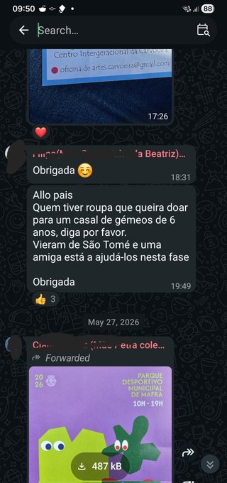 The image shows a cell phone screen with multiple messages displayed, including one about a charity event for children's clothing donations. The text appears in both English and Spanish, indicating that the message was sent by someone who speaks both languages. The messages are arranged in a vertical line on the screen, with each message having its own space between them.