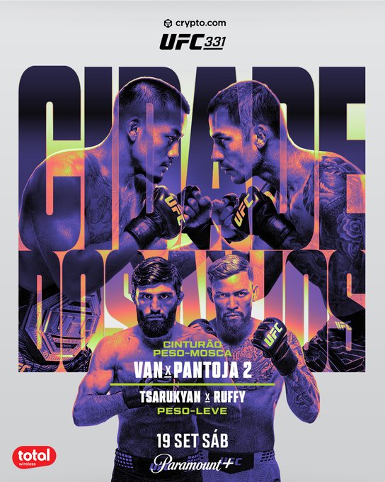 A vibrant UFC 331 promotional poster features the showdown matchup "Van x Pantoja 2" for the Flyweight Championship, along with the Featherweight bout between Tsarukyan and Ruffy, scheduled for Saturday, September 19 and streaming on Paramount+. The graphic showcases the fighters in a dramatic face-off pose with neon purple and orange lighting, alongside Crypto.com branding and a "Total Entregas" sponsor logo.