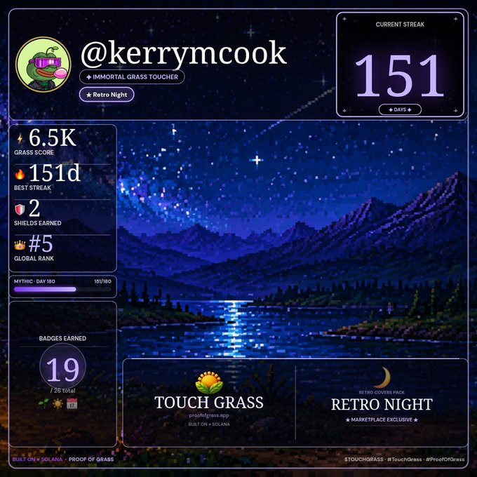 A digital pixel-art achievement card for @kerrymcook on the Touch Grass app showcases a 151-day streak, 6.5K Grass Score, Global Rank #5, and 2 Shields Earned against a serene nighttime lake backdrop, visually celebrating the "IMMORTAL" milestone referenced in the post.