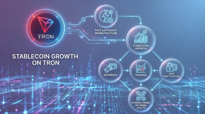 Digital graphic titled 'STABLECOIN GROWTH ON TRON' showing a flowchart connecting infrastructure to stablecoin growth, payments, trading, DeFi participation, and strengthened network utility.