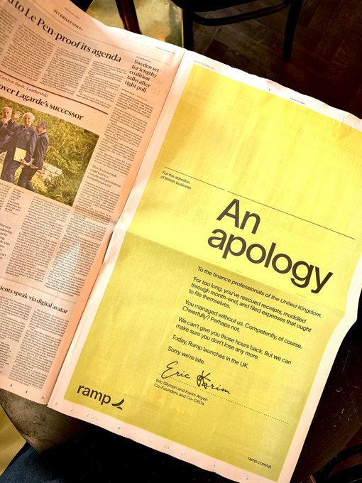The image shows a full-page advertisement titled "An apology" published in the Financial Times, addressed to finance professionals in the UK for delays in financial month-end and reporting processes, signed by Eric Karem, CEO and Co-Founder of Ramp. The accompanying post explains this marks the start of Ramp's "apology tour" to finance teams, promising to ensure they don't lose any more time, with a link to ramp.com/uk.