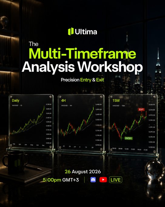 An Ultima promotional graphic for 'The Multi-Timeframe Analysis Workshop' about Precision Entry & Exit, scheduled for 26 August 2026 at 5:00pm GMT+3, showing XAU/USD charts across Daily, 4H, and 15M timeframes.