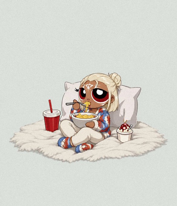 A cartoon illustration of a character with blonde hair and large red eyes sitting on a fluffy rug, eating cereal from a bowl, with a red soda cup and a cupcake nearby.