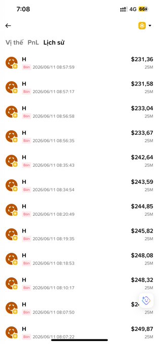 This image features a phone screen displaying a list of transactions, which includes both text messages and numbers with prices attached. The transactions mainly revolve around a popular app known as "H". There are 14 transactions total, covering various amounts ranging from $29.69 to $49.94. The main message of the post seems to be about money, specifically discussing the app's transactions and how they've affected holders. The posts appear to focus on selling strategies or concerns regarding this particular app or service.