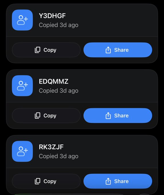 A mobile app interface displaying contact sharing options with entries 'Y3DHGF', 'EDQMMZ', and 'RK3ZJF', each showing a Copy and Share button, with timestamps noting 'Copied 3d ago'.