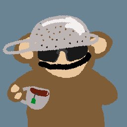 A pixel art illustration of a monkey wearing a grey patterned hat and sunglasses, holding a small coffee mug.