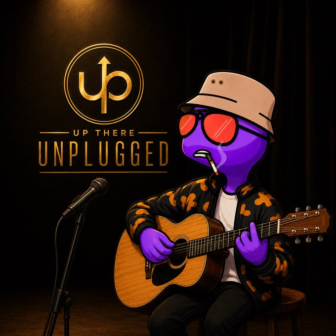 A purple cartoon character wearing a bucket hat, red sunglasses, and a black and orange patterned jacket, playing an acoustic guitar on stage next to a microphone, with the logo 'UP THERE UNPLUGGED' displayed.