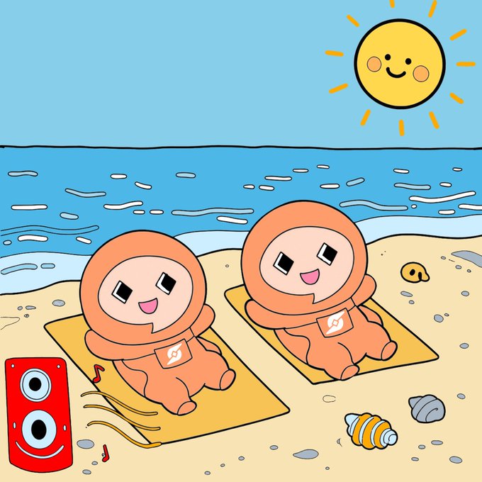 Cute cartoon-style illustration of two characters in orange hooded outfits sunbathing on yellow towels at a beach, accompanied by a red speaker, a seashell, and a smiling sun overhead.
