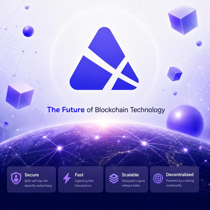 A promotional graphic titled "The Future of Blockchain Technology" features a purple triangular logo above an illuminated globe with network connections, alongside feature highlights for Secure, Fast, Scalable, and Decentralized attributes, aligning with the post's message about PX Network's role in building a connected Web3 ecosystem.