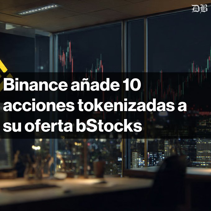 News graphic with Spanish text 'Binance añade 10 acciones tokenizadas a su oferta bStocks' overlaid on a dark office interior with stock chart candlesticks visible through windows, branded with 'DB' logo.