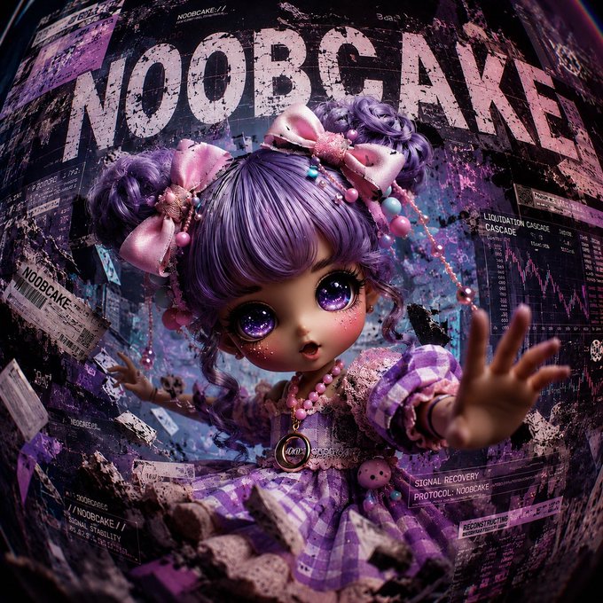 A digital artwork featuring an anime-style character with purple hair in twin tails, pink bows, and a purple checkered dress, with the text 'NOOBCAKE' prominently displayed in the background.