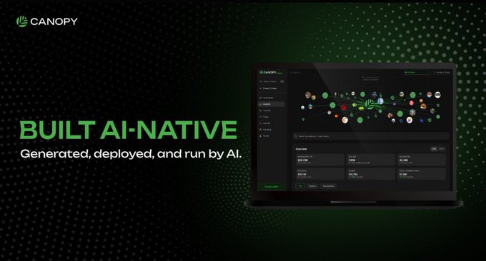 A promotional banner for Canopy with the text "BUILT AI-NATIVE - Generated, deployed, and run by AI." showing a laptop displaying their interface.