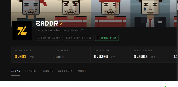 A pixel-art NFT project called 'ZADDR' with the tagline 'Every face is public. Every owner isn't', showing floor price 0.001 ZEC and trading details.