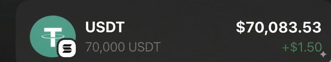 The image shows a black and white screenshot of a post that reads "I want to send $70,000 to another follower who has never won". The post includes a link to an account named "USDT" with a value of $70,000.