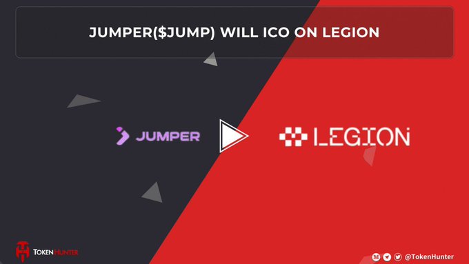 A promotional graphic announcing "JUMPER($JUMP) WILL ICO ON LEGION", featuring the logos of Jumper and Legion on a split dark blue and red background, credited to Token Hunter.