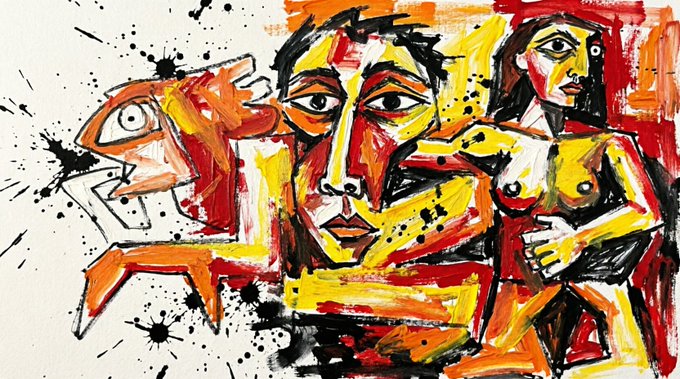 An abstract painting depicts a fish and two stylized faces in bold yellow, red, and black brushstrokes, surrounded by black ink splatters, visually illustrating the "Hand art + AI objkt" concept.