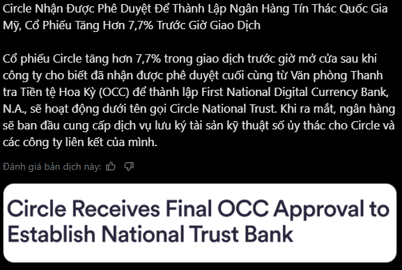 A Vietnamese news article translation titled 'Circle Receives Final OCC Approval to Establish National Trust Bank,' reporting that Circle's stock rose over 7.7% in pre-market trading after receiving final approval from the US Office of the Comptroller of the Currency to establish First National Digital Currency Bank, N.A., which will operate as Circle National Trust.