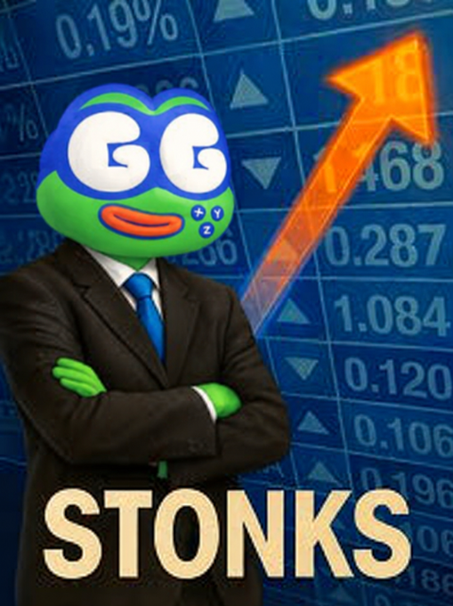 A meme-style image of a figure in a business suit wearing a Pepe the Frog head with 'GG' eyes, standing before a stock chart with an upward arrow and the word 'STONKS' below.